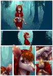 2015 amber_eyes anthro basket bottomwear breasts butt celeste_(artist) clothed clothing comic container deer detailed_background fairy_tales female forest furgonomics hi_res hood little_red_riding_hood little_red_riding_hood_(copyright) mammal plant skimpy skirt solo standing tree under_boob
