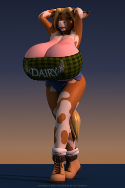 anthro big_breasts biped blonde_hair boots bottomwear breasts cleavage clothed clothing female footwear fur hair horn huge_breasts hyper hyper_breasts looking_at_viewer pose shirt shoes shorts simple_background smile solo standing topwear tube_top under_boob anthroanim annabelle_cow bovid bovine cattle mammal 2016 2:3 3d_(artwork) digital_media_(artwork) hi_res
