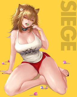 5_fingers 5_toes bangs bare_arms bare_shoulders barefoot big_breasts black_nails black_toenails bottomwear breasts brown_body brown_fur brown_hair candy cleavage clothed clothing collar collarbone colored_nails colored_toenails dessert eyebrow_through_hair eyebrows eyelashes fangs feet female fingers food fur glistening glistening_body glistening_skin hair hair_between_eyes hotpants huge_breasts inner_ear_fluff lollipop long_hair looking_at_viewer nails open_mouth ponytail pupils red_bottomwear red_clothing red_shorts shirt shorts simple_background sitting slit_pupils solo studded_collar studs tank_top teeth text thick_thighs toenails toes topwear translucent translucent_hair tuft white_body white_clothing white_fur white_shirt white_tank_top white_topwear yellow_background yellow_eyes potetos7 arknights hypergryph studio_montagne siege_(arknights) animal_humanoid felid felid_humanoid humanoid lion_humanoid mammal mammal_humanoid pantherine pantherine_humanoid 2020 absurd_res character_name digital_media_(artwork) full-length_portrait hi_res portrait