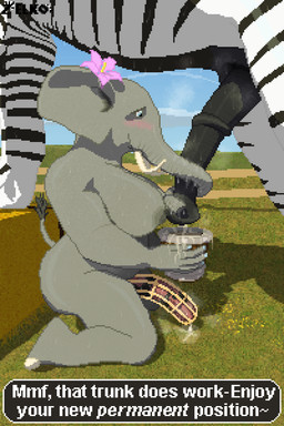 animal_genitalia animal_penis anthro anthro_on_feral bestiality bodily_fluids bucket chastity_cage chastity_device container cum cum_in_bucket cum_in_container dominant dominant_feral dominant_male dripping duo equine_genitalia equine_penis feral field flared_penis flower_accessory genital_fluids genitals gynomorph intersex intersex/male jewelry male male_feral musk musk_cloud musky_penis penile penis penis_milking precum precum_drip presenting proboscis_(anatomy) quadruped sex speech_bubble striped_body stripes submissive submissive_anthro sweat sweatdrop sweaty_body sweaty_genitalia sweaty_penis tail_fluff text trunk_(anatomy) trunk_play trunk_sex trunkjob conditional_dnp zelkothezeeb zelko elephant elephantid equid equine felkin hybrid mammal proboscidean zebra hi_res