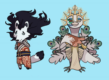 3_toes alternate_species anthro arms_bent asian_clothing bandage bandaged_arm beak beak_closed biped black_body black_fur black_hair black_inner_ear black_nose black_tail_tip blue_background blue_eyelids blue_eyes brown_eyes closed_frown clothed clothed_anthro clothed_female clothing crown dipstick_tail duo east_asian_clothing eyelashes facial_markings feathered_wings feathers featureless_limbs feet female female_anthro flat_chested floating_hands frown fur furrification green_markings green_tail_tip hair head_markings headgear heterochromia japanese_clothing kimono larger_anthro larger_female light long_hair looking_at_viewer markings mouth_closed multicolored_tail_feathers multicolored_wings red_clothing red_kimono sad simple_background size_difference smaller_anthro smaller_female tail tail_markings talons tan_beak tan_dress tan_eyes tan_talons toes two_tone_tail wavy_hair white_body white_feathers white_fur white_tail white_tail_feathers white_wings wings winter lunareel animal_crossing dead_by_daylight nintendo adiris_(dead_by_daylight) the_spirit_(dead_by_daylight) arctic_fox avian bird canid canine fox galliform mammal peafowl phasianid true_fox 2019 cel_shading colored crossover digital_drawing_(artwork) digital_media_(artwork) english_description lighting shaded