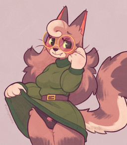 anthro belt blush camel_toe clothed clothing clothing_lift countershading dress dress_lift eyelashes eyewear female female_anthro fluffy fluffy_tail glasses hair long_hair panties presenting_panties presenting_underwear shy simple_background solo tail underwear whiskers skellybeanz mocha_(geckit) domestic_cat felid feline felis mammal hi_res