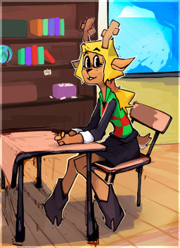 anthro antlers blonde_hair chair classroom clothed clothing desk female furniture hair horn inside school sitting solo table roksim deltarune undertale_(series) noelle_holiday deer mammal new_world_deer reindeer hi_res