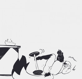 4_toes anthro anus bar_stool big_anus big_tail black_text bowl breasts cheek_tuft claws container eyes_closed facial_tuft feet female female_anthro fingers fluffy fluffy_tail fur furniture genitals groan humanoid_genitalia humanoid_vulva lying medium_breasts nude nude_anthro nude_female on_back pawpads snout solo stool table tail text toe_claws toes tuft vulva white_claws lichee pepper_(lichee) canid canine fox hybrid mammal mephitid skunk 2023 black_and_white english_text hi_res monochrome