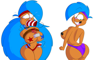 accessory anthro bdsm big_hair blue_hair bondage bound buckteeth female fireworks gag gagged green_eyes hair headband pasties peril purple_bikini_bottom red_bikini_bottom restraints rope rope_bondage teeth tempson harriet_(tempson) eulipotyphlan hedgehog mammal 5:3 absurd_res hi_res