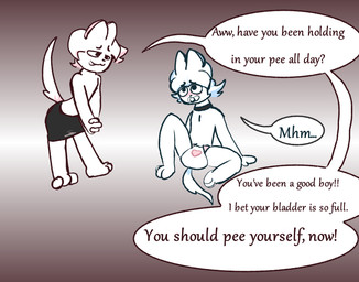 ambiguous_gender anthro blush bottomwear clean_diaper clothed clothing collar diaper duo femboy fur good_boy male object_in_mouth pacifier pacifier_in_mouth skirt submissive submissive_male text wearing_diaper white_body white_fur clowngang canid canine canis domestic_dog mammal english_text hi_res