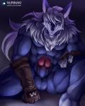 abs anthro balls biceps biped claws close-up clothing erection fur genitals gloves hair handwear long_ears long_hair looking_at_viewer male manly nude on_ground pecs penis purple_eyes sitting smile solo spread_legs spreading text thick_penis triceps vein veiny_penis nurinaki legendz wolfy_the_werewolf canid canine canis mammal wolf url