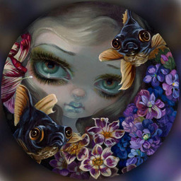 ambiguous_gender blue_lips eyebrows eyelashes eyeshadow female feral fish_tail flower group hair lips looking_at_viewer makeup multicolored_eyes not_furry pale_skin plant pupils round_nose tail thick_lips thin_eyebrows trio jasmine_becket-griffith aquatic cyprinid cypriniform fish goldfish human mammal telescope_goldfish 1:1 2016 dated formal_art painting_(artwork) traditional_media_(artwork) traditional_painting_(artwork)