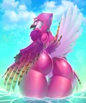 anthro beak big_butt blue_eyes breasts butt butt_pose cloud collar curvy_figure feathers female genitals looking_at_viewer looking_back looking_down low-angle_view non-mammal_breasts nude pink_body pink_feathers pose pussy raised_tail rear_view sea sky smile solo spiked_collar spikes striped_feathers tail tail_feathers thigh_gap voluptuous water wet wide_hips rizapiska jessi_brightfeather_(songbiird) avian bird corvid jay_(bird) oscine passerine absurd_res hi_res