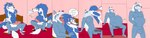 abdominal_bulge abs anal anal_penetration animal_genitalia animal_penis anthro anthro_on_anthro balls bed biped black_nose blue_body blue_fur blue_hair blue_nose blue_skin blush bodily_fluids bulge canine_genitalia canine_penis cum cum_in_ass cum_inflation cum_inside cum_on_ground cum_while_penetrated cumshot digestion_noises duo ejaculation excessive_genital_fluids eyes_closed fur furniture genital_fluids genitals hair hands_on_legs inflation inside_stomach leg_markings long_hair looking_pleasured lying male male/male male_penetrating male_pred male_prey markings muscular muscular_male on_back on_bottom on_top open_mouth oral_vore orgasm penetration penis reverse_cowgirl_position sex sitting slightly_chubby smile smirk speech_bubble teeth tongue tongue_out vore weight_gain white_body white_fur white_hair wide_image tairedfox animaniacs capcom darkstalkers mythology warner_brothers jon_talbain wilford_wolf canid canine canis mammal mythological_canine mythological_creature werecanid werecanine werecreature werewolf wolf absurd_res hi_res long_image