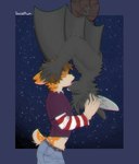 anthro bottomwear clothing cosmic_background denim denim_bottomwear denim_clothing duo french_kissing fur grey_body grey_fur jeans kissing long_ears male male/male muscular muscular_anthro muscular_male pants pattern_clothing pattern_topwear romantic romantic_couple shirt_up shirtless_anthro shirtless_male slim small_waist spiderman_kiss starry_background striped_clothing striped_topwear stripes toony topwear torn_bottomwear torn_clothing torn_jeans torn_pants upside_down wings dulceplum bat deer mammal chromatic_aberration digital_drawing_(artwork) digital_media_(artwork) hi_res shaded