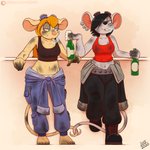 1:1 2020 alcohol anthro beer beverage black_hair blonde_hair blue_eyes breasts chip_'n_dale_rescue_rangers clothed clothing digital_media_(artwork) disney drxii duo ear_piercing entwined_tails eyewear female female/female fur gadget_hackwrench glitch_(chip_'n_dale_rescue_rangers) goggles hair hi_res mammal mouse murid murine piercing rodent simple_background smile smoking tail tail_coil