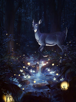 black_hooves black_nose blue_body blue_fur cosmic_fur countershading creek dark detailed_background female feral fern flower forest fur glowing hooves night one_leg_up outside plant raised_leg river rock roots solo tree walking water white_body white_countershading alsares isiel_(shadiksilence) ambient_arthropod ambient_firefly ambient_insect arthropod deer mammal 2015 hi_res