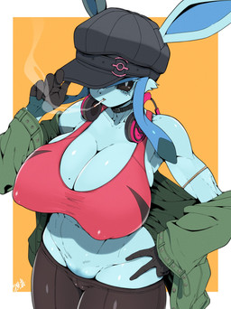 anthro biped blue_body bottomwear breasts clothed clothing female green_clothing hat headgear headwear looking_at_viewer nipple_outline pupils solo topwear shaolin_bones nintendo pokemon eeveelution generation_4_pokemon glaceon pokemon_(species) hi_res