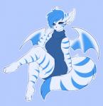 anthro blue_background blue_clothing blue_eyes blue_hair blue_markings clothed clothing female fur hair markings simple_background solo white_body white_fur wings box-cat dust:_an_elysian_tail karla_halldor bat mammal nimbat blue_and_white digital_media_(artwork) monochrome