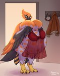 anthro big_breasts black_body black_feathers breasts clothing feathers female holding_clothing holding_object huge_breasts lingerie markings multicolored_body nude orange_body orange_feathers pregnant solo spots spotted_markings thick_thighs white_body white_feathers wide_hips tiggybloom nintendo pokemon avian generation_6_pokemon pokemon_(species) talonflame 2024 hi_res