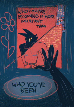 anthro bottomwear clothing comforting denim denim_bottomwear denim_clothing first_person_view flower jeans male mastectomy_scar mirror mirror_pov mirror_reflection pants plant reflection scar solo text visibly_trans soulfullhyena canid canine mammal english_text hi_res trans_(lore) trans_man_(lore)