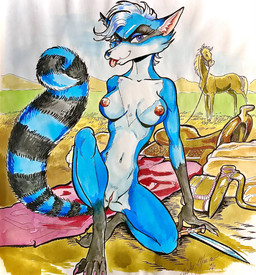 anthro blue_body blue_eyes blue_fur breasts claws dagger desert facial_markings female fur genitals hair head_markings knife looking_at_viewer markings mask_(marking) melee_weapon nipples nude nude_anthro nude_female raccoon_tail saddle solo striped_markings striped_tail stripes tail tail_markings tongue tongue_out vulva weapon white_body white_fur vicky_wyman rosealie_(bahumot) equid equine horse mammal procyonid raccoon absurd_res hi_res
