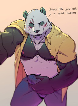 5_fingers anthro biceps black_body black_fur black_nose bottomwear bulge cigarette clothed clothing denim denim_bottomwear denim_clothing detailed_bulge facial_scar fingers fur genital_outline holding_bulge humanoid_hands jeans looking_at_viewer male multicolored_body multicolored_fur muscular muscular_anthro muscular_male navel nipples open_clothing open_shirt open_topwear pants pecs penis_outline pink_nipples scar shirt simple_background smoking solo text topwear two_tone_body two_tone_fur vein veiny_muscles white_body white_fur mamaduo beastars gouhin_(beastars) bear giant_panda mammal 2020 english_text hi_res