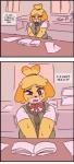 anthro biped blonde_hair bodily_fluids clothed clothing female fully_clothed fur hair omorashi overweight overweight_anthro overweight_female shaking sitting solo sweat text yellow_body yellow_fur tinycatmom animal_crossing nintendo isabelle_(animal_crossing) canid canine canis domestic_dog mammal shih_tzu toy_dog 2015 comic digital_media_(artwork) english_text hi_res letterbox