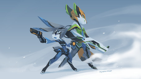 abstract_background animal_ears anthro buckteeth clothing colored_skin colored_tongue commentary digitigrade duo english_commentary female fox_ears fox_tail green_eyes green_tongue grey_body grey_skin gun handgun holding_gun holding_object holding_ranged_weapon holding_weapon joints light_particles long_ears machine male necktie open_mouth orange_body orange_skin outside pistol police police_officer police_uniform purple_eyes rabbit_ears ranged_weapon rifle robot_joints science_fiction scut_tail short_tail simple_background smile snow standing tail teeth three-quarter_view tongue tongue_out tsurime uniform v-shaped_eyebrows weapon tyson_tan disney zootopia judy_hopps nick_wilde canid canine fox lagomorph leporid mammal rabbit red_fox robot robot_anthro true_fox 2016 absurd_res crossover digital_media_(artwork) hi_res krita_(artwork) signature widescreen