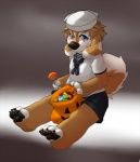 anthro blush brown_body brown_fur brown_hair candy clothing costume dessert food fur hair holidays lollipop looking_at_viewer male sailor_uniform solo tail seth-iova halloween leopup canid canine canis domestic_dog mammal digital_media_(artwork)