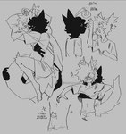 4_fingers ambiguous_gender anthro barefoot black_body black_fur blush bottomwear canon_x_oc clothed clothed_anthro clothed_male clothing clothing_lift duo exclamation_point eye_piercing eyebrows eyes_closed feet fingers fluffy fluffy_tail fur hair hug hugging_another hugging_from_behind inner_ear_fluff male male_anthro navel pawpads paws pillow shirt shirt_lift shorts t-shirt tail text toes topwear tuft wide_eyed noirzvault arknights hypergryph studio_montagne aak_(arknights) noir_(noirzvault) domestic_cat felid feline felis mammal 2025 digital_drawing_(artwork) digital_media_(artwork) english_text greyscale hi_res line_art monochrome nonbinary_(lore)