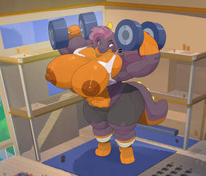 5_fingers anthro big_breasts biped bottomwear breasts claws clothed clothing dumbbell exercise female female_anthro fingers hair huge_breasts hyper hyper_breasts macro macro_anthro macro_female muscular muscular_anthro muscular_female nipples size_difference solo thick_thighs topwear weightlifting weights wide_hips workout commoddity neila_(commoddity) mammal reptile scalie 2019 absurd_res colored digital_media_(artwork) hi_res