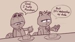 anthro clothing dialogue drugs duo food hoodie lasagna male marijuana pasta suit topwear milachu92 garfield_(series) buttons_(milachu92) domestic_cat felid feline felis mammal hi_res