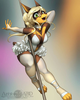 anthro armwear black_nose blonde_hair bottomwear breasts bridal_gauntlets cleavage clothed clothing dancing eyewear female glasses green_eyes hair legwear open_mouth pole pole_dancing skirt solo stripper_pole thigh_highs abluedeer canid canine canis domestic_dog mammal 4:5 digital_media_(artwork) hi_res shaded
