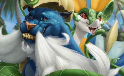 ambiguous_gender armor beach beard black_ears blue_body blue_fur duo facial_hair fangs feral fur green_body green_scales gums headgear helmet leaf light mustache orange_nose outside palm_tree pink_tongue plant pog_face pupils red_eyes scales sharp_teeth sky slit_pupils smile smiling_at_viewer sunlight teeth tongue tree vines white_facial_hair white_mustache yellow_teeth mathew-b nintendo pogchamp pokemon generation_5_pokemon mammal mustelid otter pokemon_(species) reptile samurott scalie serperior snake 2025 colored digital_drawing_(artwork) digital_media_(artwork) english_description lighting meme shaded