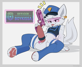 anthro balls clothing crop_top ear_piercing femboy fur genitals gun legwear male penis piercing police police_hat police_officer police_uniform ranged_weapon shirt solo stockings tongue tongue_out topwear uniform weapon white_body white_fur warden006 boy_kisser_(meme) officer_boykisser_(junoandmaxx) domestic_cat felid feline felis mammal meme