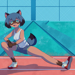 anthro black_body black_fur black_hair black_nose blue_body blue_eyes blue_fur blue_hair bodily_fluids breasts brown_body brown_fur clothed clothing cute_fangs fangs female fluffy fluffy_tail fur hair multicolored_body multicolored_fur multicolored_hair shirt small_breasts solo sweat tail tank_top teeth topwear devilbluedragon brand_new_animal studio_trigger michiru_kagemori canid canine mammal raccoon_dog tanuki 1:1 2020 absurd_res hi_res