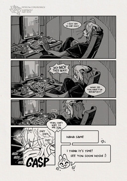 anthro bangs clothed clothing covered_eyes dialogue electronics fully_clothed hair headphones keyboard logo long_bangs long_hair male monitor profanity side_view small_ears speech_bubble text deadishwolf mirror_test hoshi_(mirror_test) mammal mustelid otter sea_otter absurd_res comic english_text hi_res