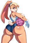 anthro ball basketball_(ball) big_breasts big_butt blonde_hair blue_eyes blush breasts butt female hair huge_butt looking_at_viewer looking_back looking_back_at_viewer simple_background solo white_background ytrall looney_tunes warner_brothers lola_bunny lagomorph leporid mammal rabbit 2023 hi_res