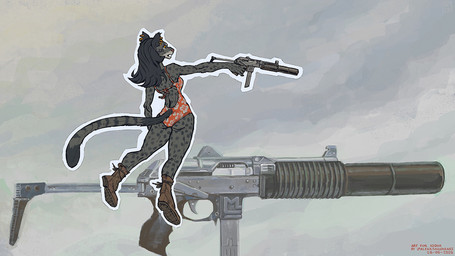 amber_eyes anthro boots boots_only clothing ear_piercing ear_ring exposed female footwear footwear_only fur fur_markings grey_background gun hair long_hair markings mostly_nude one-piece_swimsuit piercing pointing_weapon ranged_weapon rear_view ring_piercing shoelaces shoes silencer simple_background solo submachine_gun swimsuit_only swimwear tactical tail weapon alekksandar conditional_dnp microsoft the_elder_scrolls zastava_arms felina'ma felid feline khajiit mammal 16:9 hi_res widescreen