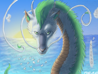 barbel_(anatomy) blue_body blue_fur cloud feral fur green_body green_eyes green_fur grey_horn horn looking_at_viewer male outside scales solo sun text water whiskers deashnat asian_mythology east_asian_mythology ghibli mythology spirited_away haku_(spirited_away) dragon eastern_dragon mythological_creature mythological_scalie scalie english_text hi_res