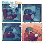 1:1 absurd_res anthro bed bedding blanket blush bovid caprine clothing comic crocodile crocodilian crocodylid doginacafe dream duncan_(doginacafe) duo eddie_(doginacafe) embrace english_text furniture goat hi_res hug male male/male mammal multiple_scenes pillow pillow_hug reptile romantic romantic_couple scalie sleeping solo sweater text thought_bubble tongue tongue_out topwear