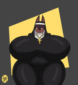 anthro big_breasts breasts clothed clothing cross cross_necklace curvy_figure female huge_breasts jewelry looking_at_viewer mature_anthro mature_female necklace nun simple_background smile solo thick_thighs venus_figure voluptuous wide_hips yellow_eyes juki_zu laverne_(sssonic2) canid canine canis domestic_dog mammal absurd_res digital_media_(artwork) hi_res