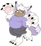 4_fingers 4_toes arms_bent bangs bent_leg big_hands black_claws bottomwear breasts brown_body brown_skin chubby_cheeks claws closed_frown clothed clothed_female clothed_humanoid clothing eyelashes feet female finger_claws fingers fluffy fluffy_tail frown frowning_at_viewer fully_clothed fully_clothed_female fur grey_bottomwear grey_clothing grey_pants hair hand_pawpads long_hair looking_at_viewer mouth_closed no_eyebrows on_one_leg overweight overweight_female overweight_humanoid pants pawpads pink_pawpads purple_clothing purple_ears purple_shirt purple_tail purple_topwear shirt simple_background solo standing tail toe_claws toes topwear torn_bottomwear torn_clothing torn_pants two_tone_tail whiskers white_background white_body white_fur white_hair yellow_eyes drememoto aiza_(drememoto) animal_humanoid cat_humanoid felid felid_humanoid feline feline_humanoid humanoid mammal mammal_humanoid 2025 colored digital_drawing_(artwork) digital_media_(artwork) english_description full-length_portrait hi_res portrait