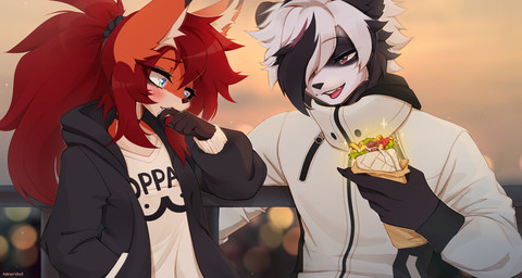 5_fingers anthro biped blue_eyes blush bottomwear brown_body brown_fur claws clothed clothed_anthro clothed_male clothing countershade_torso countershading duo female finger_claws fingers food front_view fully_clothed fully_clothed_anthro fully_clothed_male fur hair holding_food holding_object hoodie inner_ear_fluff looking_at_another looking_at_food looking_at_object male open_clothing open_hoodie open_mouth open_smile open_topwear outside purple_eyes red_hair sky smile standing teeth tongue topwear tuft white_hair amarihel cassie_(amarihel) canid canine fox mammal 2025 digital_drawing_(artwork) digital_media_(artwork) hi_res