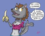 4_fingers anthro blue_background blue_bottomwear blue_clothing blue_pants bottomwear brown_hair claws clothing countershading female finger_claws fingers fur grey_body grey_countershading grey_fur hair holding_banana looking_aside pants pink_clothing pink_shirt pink_topwear shirt simple_background solo speech_bubble topwear torn_clothing torn_shirt torn_topwear yellow_eyes zigmenthotep mythology canid canine mammal mythological_canine mythological_creature werecanid werecanine werecreature werewolf 2021 digital_drawing_(artwork) digital_media_(artwork) signature