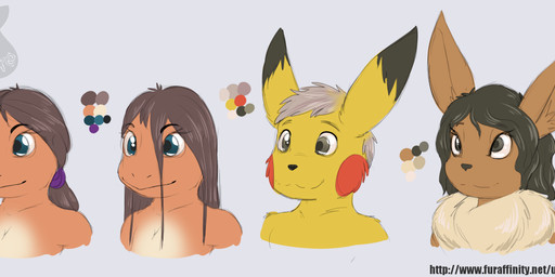 anthro blue_eyes brown_body brown_hair color_swatch female grey_background hair male neck_tuft orange_body ponytail red_cheeks simple_background smile tall_ears tan_hair text tuft yellow_body posexe nintendo pokemon charmander eevee generation_1_pokemon pikachu pokemon_(species) 2019 bust_portrait portrait url watermark
