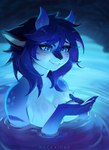 anthro better_version_at_source blue_eyes blue_hair blush breasts cave digital_media_(artwork) drop female fur hackainax hair heart_symbol hi_res nude open_mouth reptile scalie smile solo tsunami tsunami_(renny.) turtle water