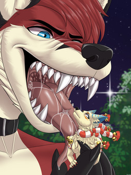 ambiguous_gender anthro bell bell_accessory bell_armband black_nose blue_body blue_ears blue_eyes blue_fur bodily_fluids cheek_tuft clothing collar drooling duo facial_tuft fangs fur male markings mostly_nude multi_tail neck_tuft night open_mouth oral_vore orange_body orange_fur outside pattern_clothing pattern_scarf plant red_body red_fur saliva scarf size_difference sky striped_clothing striped_scarf stripes tail teeth tongue tongue_out tree tuft vore white_body white_fur yellow_body yellow_fur dast_art vulfe_(hackencraft) xemkiy_(character) canid canine fox fox_spirit mammal 3:4 hi_res