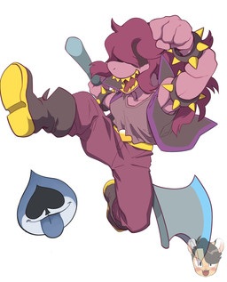 anthro bracelet breasts clothed clothing female hair jewelry non-mammal_breasts sharp_teeth simple_background solo spiked_bracelet spikes teeth white_background lionking_(artist) deltarune undertale_(series) lancer_(deltarune) susie_(deltarune) darkner mammal reptile scalie 2019 digital_drawing_(artwork) digital_media_(artwork) hi_res