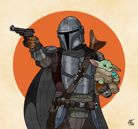 armor belt brown_belt cookie duo food green_body gun holding_character holding_cookie holding_food holding_gun holding_object holding_ranged_weapon holding_weapon male mandalorian_helmet ranged_weapon silver_(metal) silver_armor weapon unclescooter star_wars the_mandalorian the_mandalorian_and_grogu din_djarin din_grogu human mammal yoda's_species