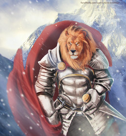 anthro armor black_nose clothed clothing day front_view fur male male_anthro mane melee_weapon mouth_closed orange_body orange_eyes orange_fur orange_mane outside snow snowing solo standing sword text weapon whiskers satanic_monkey felid lion mammal pantherine hi_res portrait three-quarter_portrait url