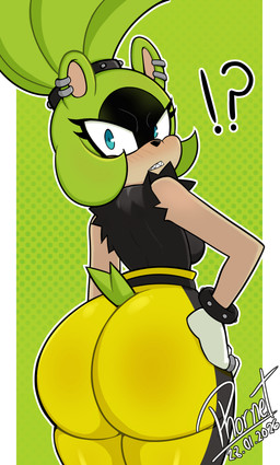 anthro big_butt black_clothing black_topwear blue_eyes blush body_blush bottomwear bracelet breasts butt butt_blush clothing ear_piercing exclamation_point eyelashes female fur gloves green_body green_fur green_hair hair hand_on_hip handwear jewelry looking_at_viewer pants piercing ponytail pose question_mark ring sharp_teeth solo studded_bracelet studded_hair_tie studded_jewelry studs tail teeth thick_thighs topwear white_clothing white_gloves white_handwear wide_hips yellow_bottomwear yellow_clothing yellow_pants phornet idw_publishing sega sonic_the_hedgehog_(comics) sonic_the_hedgehog_(idw) sonic_the_hedgehog_(series) surge_the_tenrec afrosoricid mammal tenrec 2026 absurd_res dated digital_media_(artwork) hi_res signature