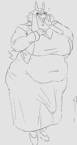 anthro big_breasts big_bulge biped blush bodily_fluids breasts bulge clothing detailed_bulge dress dripping erection erection_under_clothing eyes_closed eyewear genital_fluids genital_outline glasses gynomorph gynomorph_anthro horn huge_breasts intersex intersex_anthro jacket long_ears penis_outline precum precum_drip smile solo topwear the_noodl3r undertale_(series) toriel boss_monster_(undertale) monochrome sketch